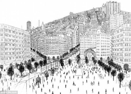 法国自闭症画家贾尔斯-特莱希恩描绘的假想城市乌维尔的一座广场